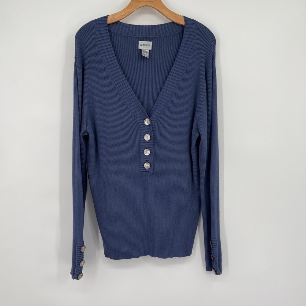Chico's Deep Blue mother of pearl Buttoned Sweater